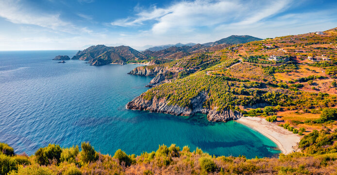 Aerial summer view of Mageiras beach. Sunny morning scene of Euboea island, Greece, Europe. Calm seascape of Aegean sea. Beauty of nature concept background..