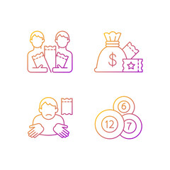 Taking part in lottery gradient linear vector icons set. Pooling ticket purchases. Lump-sum payment. Lotto balls. Thin line contour symbols bundle. Isolated vector outline illustrations collection