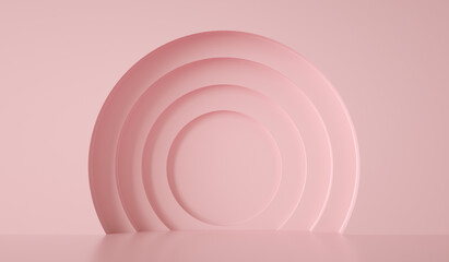 circles forms at pink wall, abstract background, 3d render