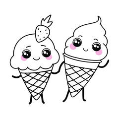 Ice cream with big cute eyes and pink cheeks. Cute kawaii cartoon dessert. Two Doodle character on white background. Vector line illustration for kids design, colorings.