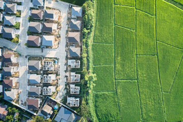 Fototapeta premium Land or landscape of green field in aerial view. Include agriculture farm, house building, village. That real estate or property. Plot of land for housing subdivision, development, sale or investment.