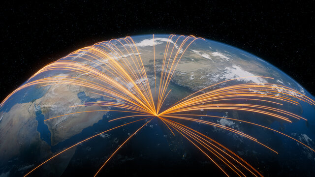 Earth in Space. Orange Lines connect Mumbai, India with Cities across the World. Worldwide Travel or Communication Concept.