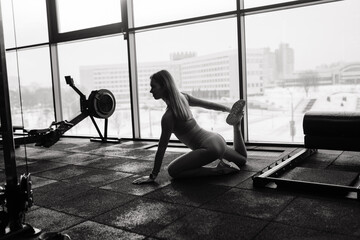 Fototapeta na wymiar Beautiful muscular fit woman exercising, building muscles in gym