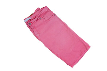 folded pink shorts on white background, Pink jeans shorts isolated over white