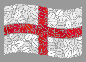Mosaic waving England flag is constructed with coffee bean items. Vector coffee collage waving England flag organized for coffee shops badges. England flag collage is constructed with random coffee.