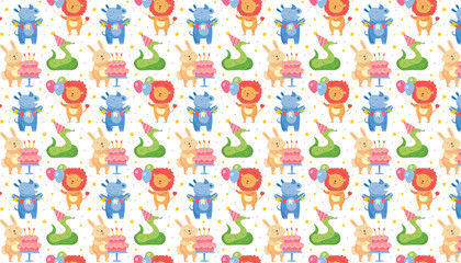 Fototapeta na wymiar Happy birthday pattern, background. Cute animals celebrating together. Rabbit, rhino, snake, lion. Holiday decoration, present, cake, balloons. Vector illustration, banner for children