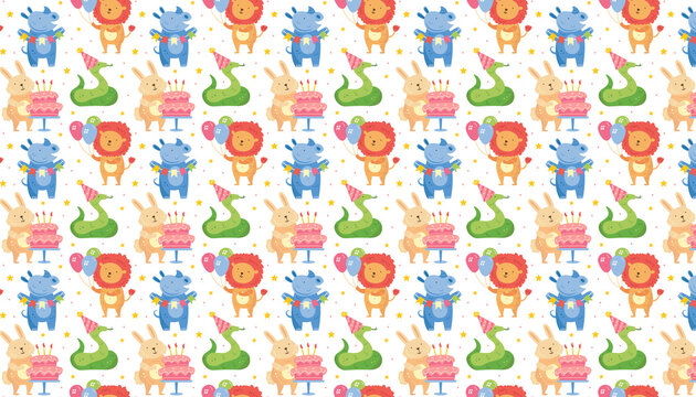Happy birthday pattern, background. Cute animals celebrating together. Rabbit, rhino, snake, lion. Holiday decoration, present, cake, balloons. Vector illustration, banner for children