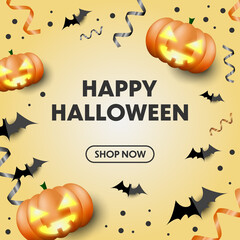 Halloween Square Poster, Flyer, Banner for Social Media or Web. Light Yellow Background. Bats, Pumpkins and Serpentine Decorations.