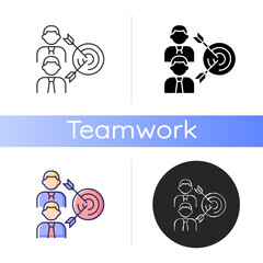 Common goal icon. Collective purpose. Team building skills. Colleagues aim towards common goal. Two men and arrows. Linear black and RGB color styles. Isolated vector illustrations
