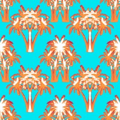 Orange palm trees on a blue background. Seamless pattern. Tropical, exotic plants. Bright, cheerful pattern.