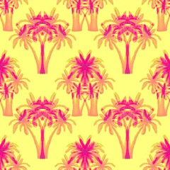 Fototapeta na wymiar Red palm trees on a yellow. Seamless pattern. Tropical, exotic plants. Bright, cheerful pattern.
