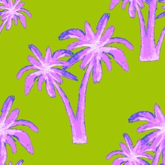 Purple palms on a green background. Palm tree seamless pattern. Tropical jungle background. 