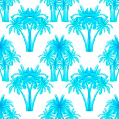 Fototapeta na wymiar Blue jungle on a white background. Blue palm trees. Seamless pattern. Tropical, exotic plants. Bright, cheerful pattern.