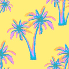 Fototapeta na wymiar Blue, pink palm trees. Seamless pattern. Tropical, exotic plants. Bright, cheerful pattern.