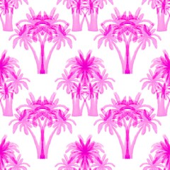 Fototapeta na wymiar Pink,purple palm trees on a white background, Seamless pattern. Tropical, exotic plants. Bright, cheerful pattern.