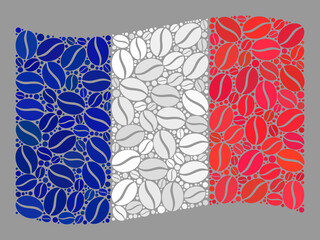 Mosaic waving France flag is designed of coffee grain items. Vector coffee collage waving France flag combined for restaurant applications.