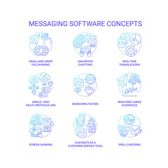 Messaging software blue gradient concept icons set. Unlimited chatting. Spell checking. Online communication service idea thin line color illustrations. Vector isolated outline drawings