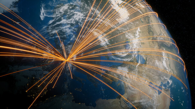 Earth in Space. Orange Lines connect Munich, Germany with Cities across the World. International Travel or Networking Concept.