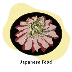 fresh fish with bunching onion, japanese food vector illustration - 448547966
