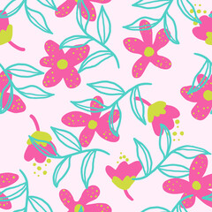 seamless pattern abstract pink flowers with blue leaves on background for fashion textile, vector illustration - 448547991
