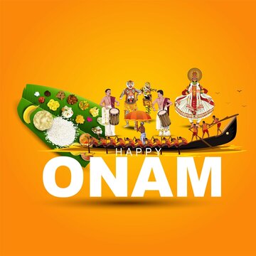 south Indian Kerala festival happy onam greetings with artforms background. vector illustration design