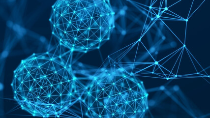 Abstract 3D illustration with cells of viruses, bacteria on dark background. Background with dots and lines. 3D