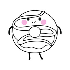 Donut with face, arms and legs. Cute kawaii cartoon dessert. Doodle character on white background. Vector line illustration for kids design, colorings.
