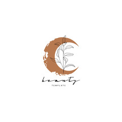 Fashion beauty moon logo template. Minamalism style moon logotype. Elegant moon logo with stars, leaves and planets. Elegant. Luxury. - 448549139