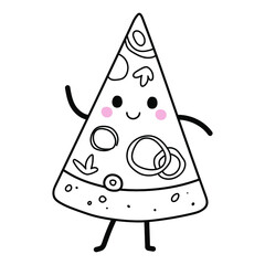 Slice of pizza with face, arms and legs. Cute kawaii cartoon fast food. Doodle character on white background. Vector line illustration for kids design, colorings.