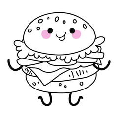 Hamburger with face, arms and legs. Cute kawaii cartoon fast food. Doodle character on white background. Vector line illustration for kids design, colorings.