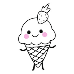 Strawberry ice cream cone with face, arms and legs. Cute kawaii cartoon dessert. Doodle character on white background. Vector line illustration for kids design, colorings.