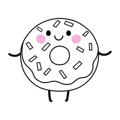 Donut with face, arms and legs. Cute kawaii cartoon dessert. Doodle character on white background. Vector line illustration for kids design, colorings.