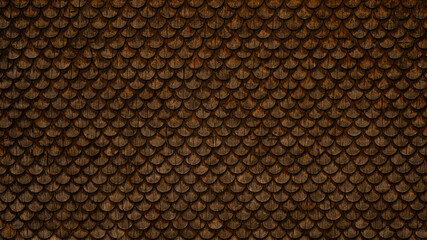 Traditional ecological  consistent cladding of a wall with brown wooden larch fish scales, wood shingles, clapboard, clapboard texture background 3D scindula in Voralberg