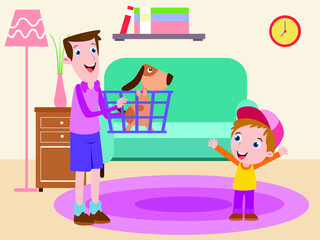 Father adopting a pet for son 2d cartoon vector concept for banner, website, illustration, landing page, flyer, etc.
