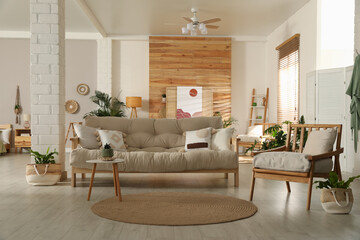 Spacious room interior with stylish wooden furniture. Idea for design