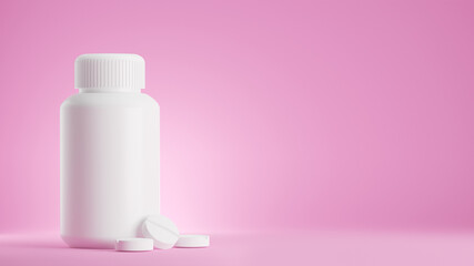 3D Rendering of a plastic pill bottle with pills on a pink background
