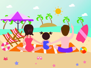 Back of of a happy family of three at beach 2d cute cartoon vector concept for banner, website, illustration, landing page, flyer, etc.