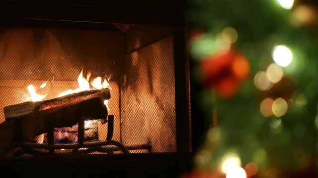 Christmas tree lights by fire in fireplace, New Year or Xmas decoration of pine or fir with red balls. Fireside on winter christmastime holiday. Cozy place by firewood. Seamless looped cinemagraph.