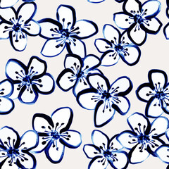 Vector hand drawn seamless floral pattern in sketch style with white and blue outlined cherry blossom flowers.