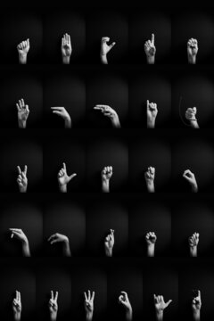 B&W image of hands demonstrating ASL sign language letters full alphabet A-Z