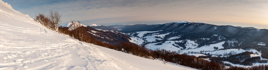 Bieszczady in winter seen from the top of Polonina Wetlinska, the Bieszczady Mountains, the Carpathians