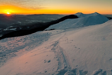 
Sunset photographed from the top of Polonina Wetlinska in winter, Bieszczady Mountains, Carpathians