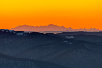 The Tatra Mountains seen from the top of Polonina Wetlinska during temperature inversion, the Bieszczady Mountains, the Carpathians