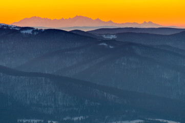 The Tatra Mountains seen from the top of Polonina Wetlinska during temperature inversion, the Bieszczady Mountains, the Carpathians