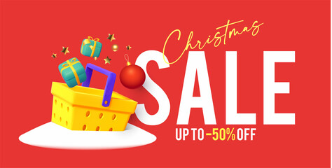 Christmas Sale. 3D render design for season offer with shopping basket, gifts and fir tree toy.