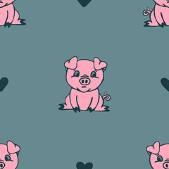 Seamless vector pattern with cute pig on grey background. Simple repeat animal love wallpaper design. Decorative piglet fashion textile.