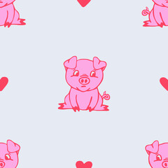 Seamless vector pattern with cute pig and love hearts on grey background. Simple pink animal wallpaper design. Decorative Valentines day fashion textile.