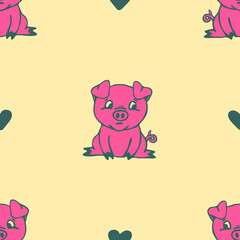 Seamless vector pattern with pink pig on yellow background. Simple cute animal wallpaper design. Decorative piglet fashion textile.