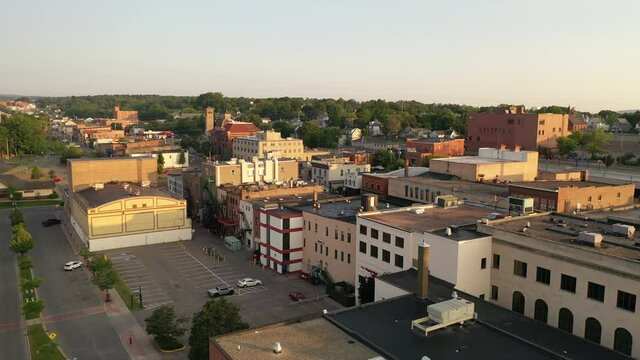 Aerial view of downtown of city of Marquette, Michigan state. Establishing shot of a small American city 