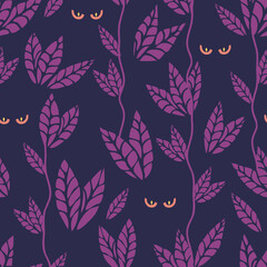 Seamless vector pattern with staring eye forest on purple background. Night animal wallpaper design. Decorative simple night jungle fashion textile.